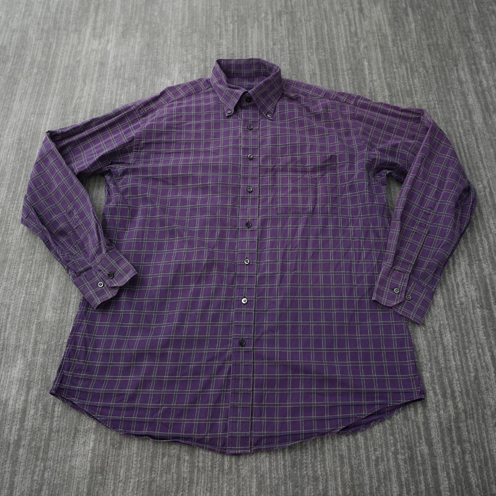 Scott Barber Shirt Men Button Down Purple Long Sleeve Plaid Cotton Pocket Large